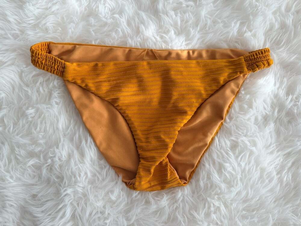 Nicholas Ribbed Smocked Side Bikini Bottoms Mustard Yellow Size S